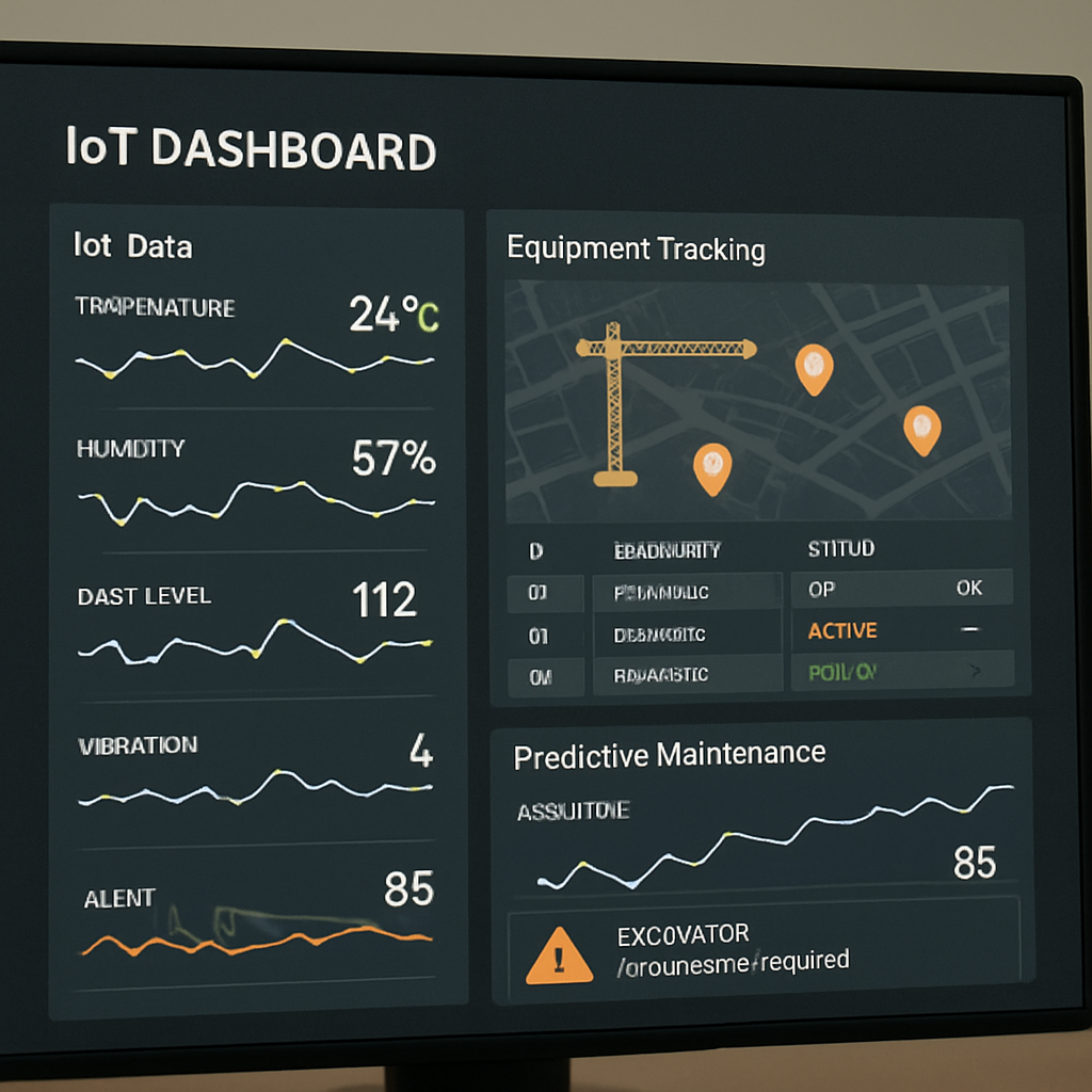A dashboard on a computer screen showing IoT data, equipment tracking, and predictive maintenance alerts for a construction site in English
