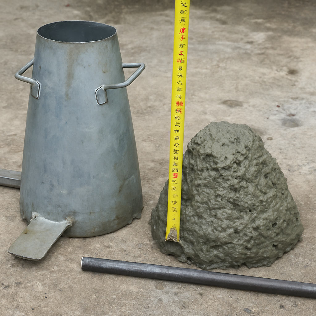 A simple photo of a 'slump test'—a cone of wet concrete being measured for its height and consistency.