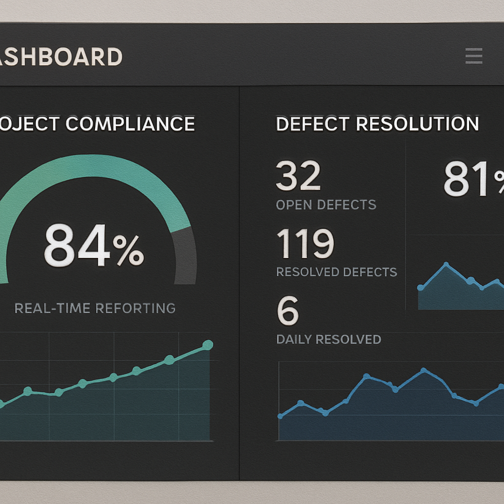 Dashboard analytics showing real-time project compliance reporting and defect resolution rates