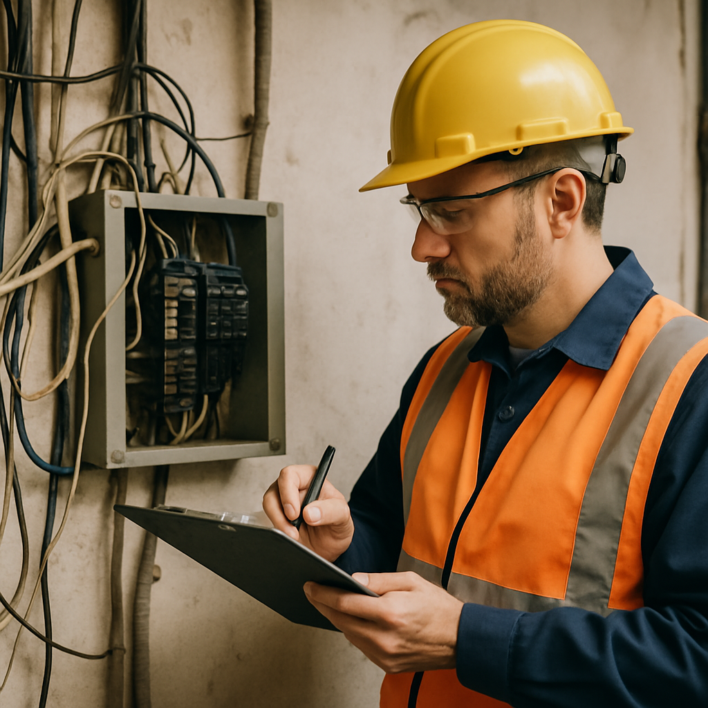 Licensed electrician performing a safety audit on exposed wiring and a circuit breaker panel