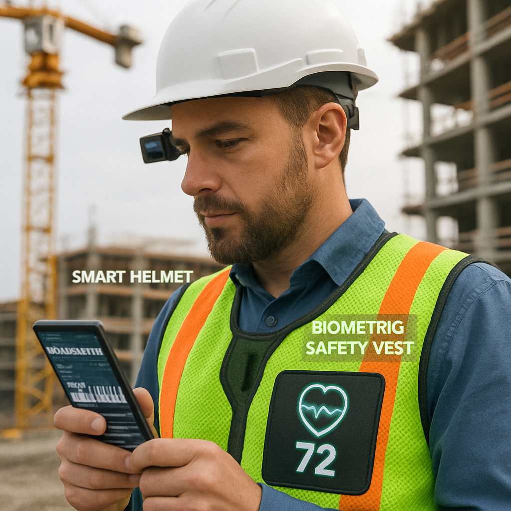 A construction worker wearing a smart helmet and a biometric safety vest analyzing data on a smartphone in English