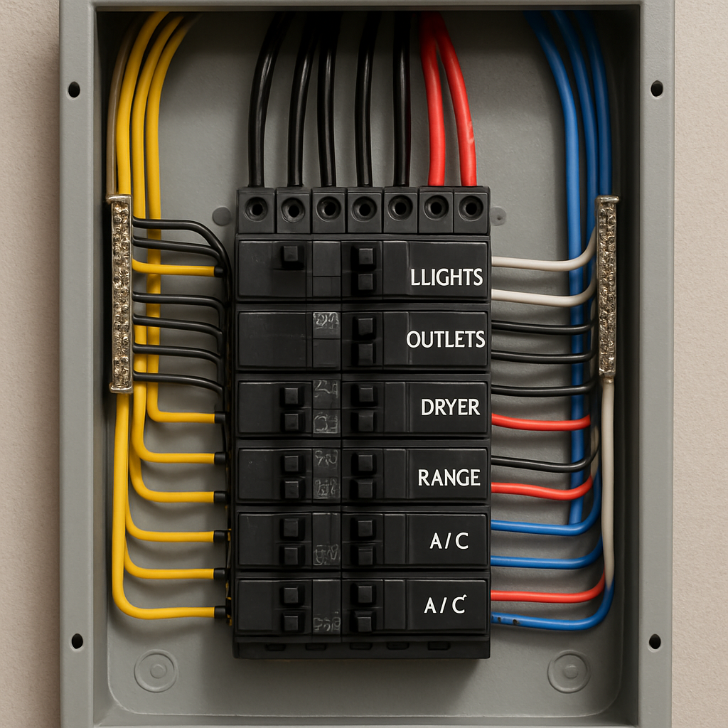 A neatly organized electrical breaker panel with all wires straight, labeled, and color-coded.