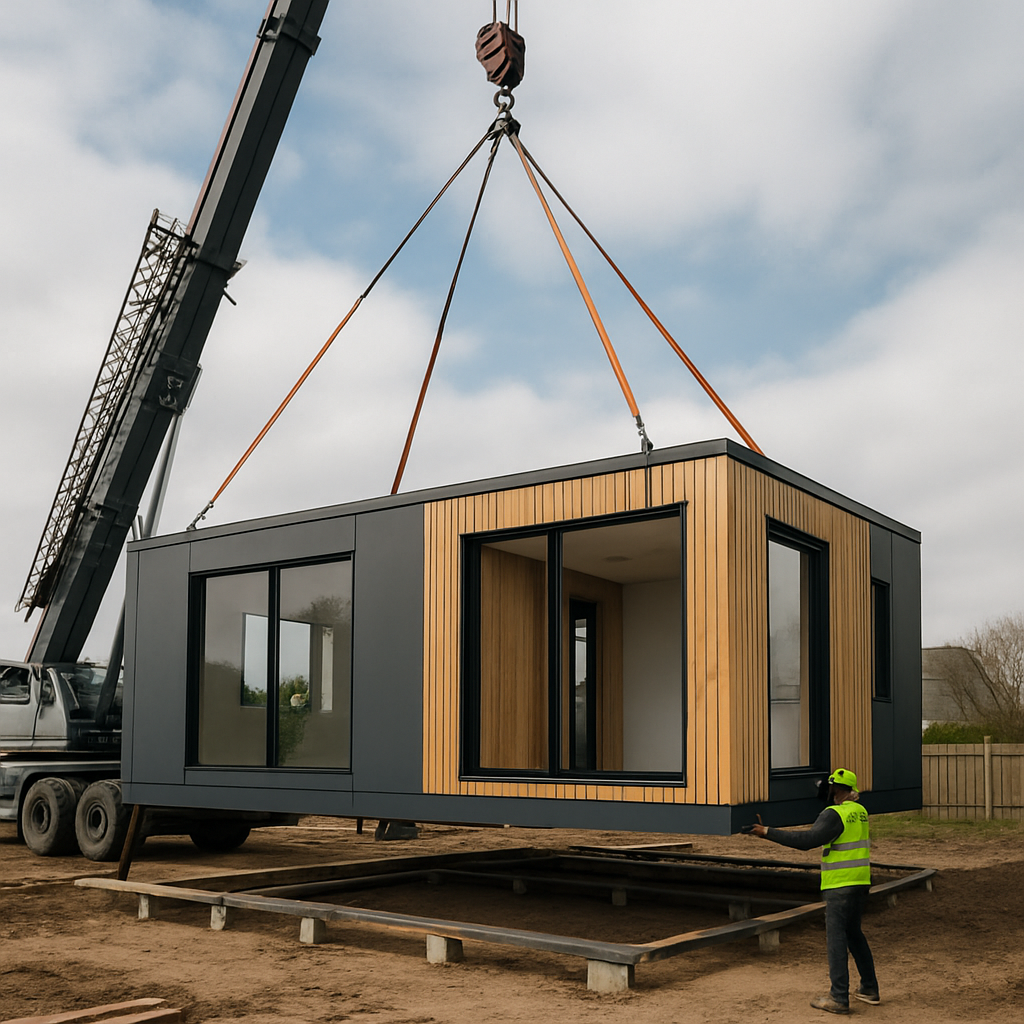 A modern, sustainable prefabricated home being assembled on-site using a large crane in English
