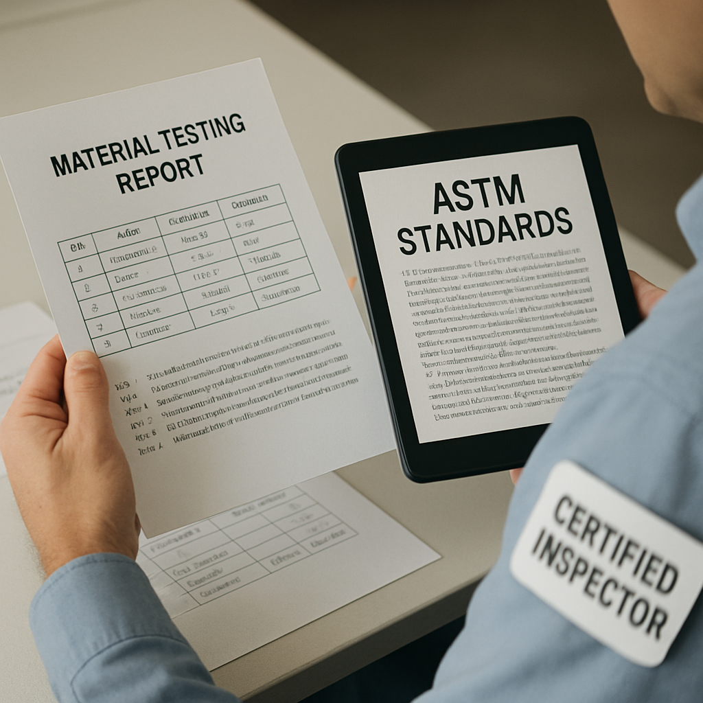 Certified inspector comparing material testing reports with ASTM standards on a tablet in English