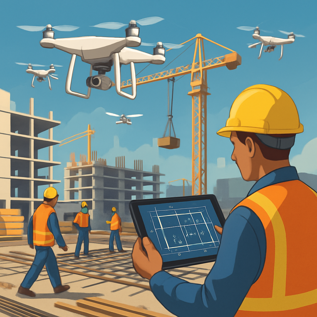 A busy modern construction site with drones flying overhead and digital blueprints on a tablet in English