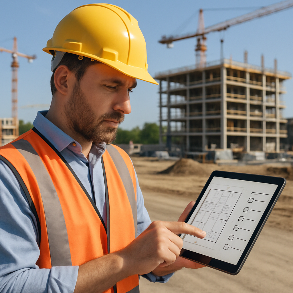 Construction site manager reviewing digital blueprints and checklists on a tablet at a sunny job site
