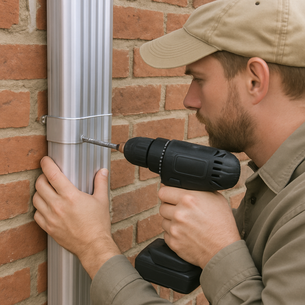 Contractor securing an aluminum downspout to a brick wall using masonry fasteners
