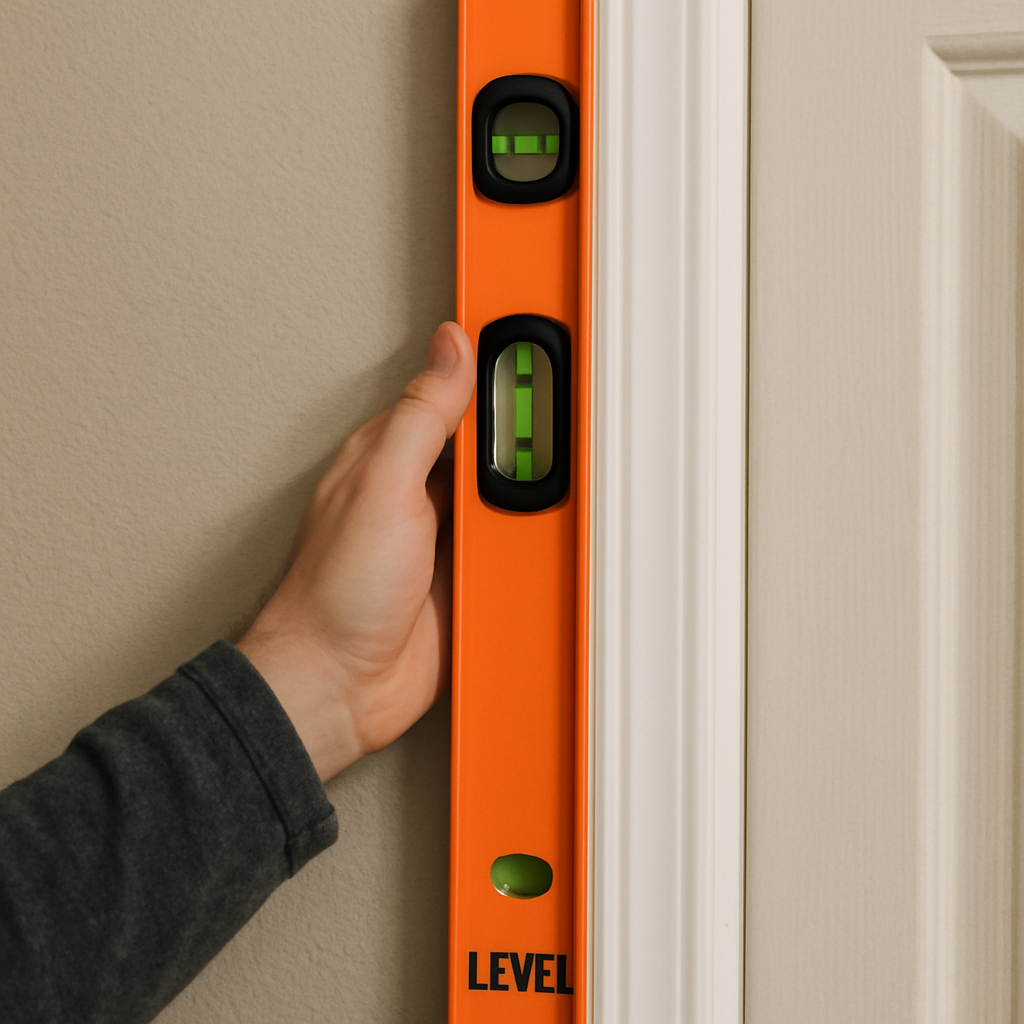 A person holding a professional level against a door frame showing a perfect vertical alignment.
