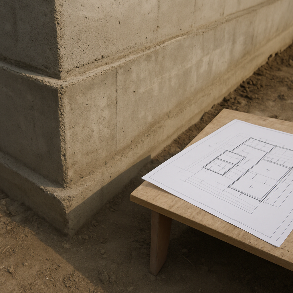 A close-up of a sturdy, well-built house foundation with a set of blueprints resting on a nearby table.