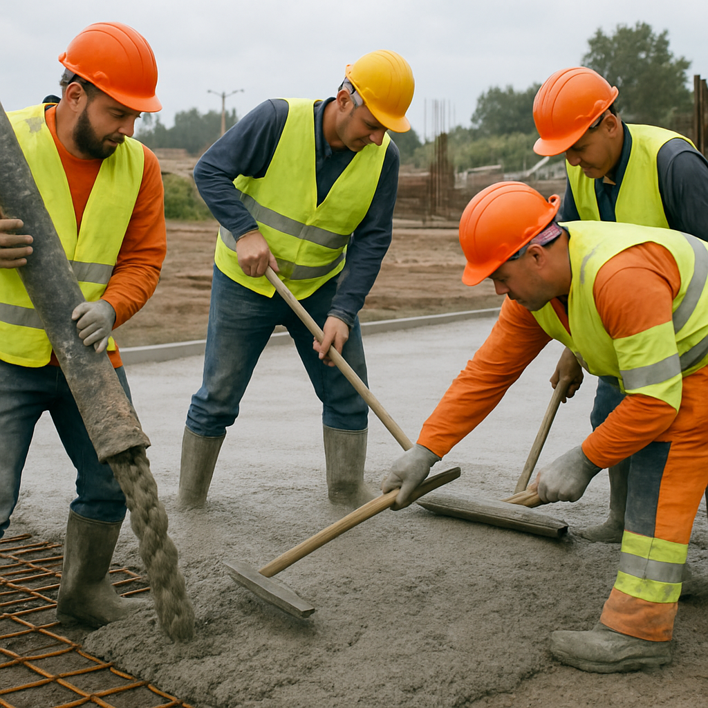 Construction workers in high-visibility gear carefully pouring and leveling a concrete foundation