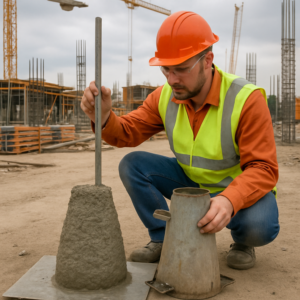 Technician performing a concrete slump test on a busy construction site in English