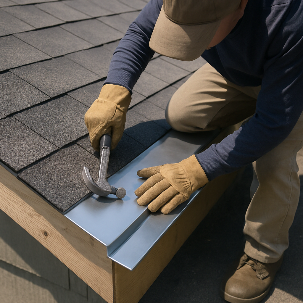 Contractor installing aluminum flashing on a roof edge to prevent water intrusion