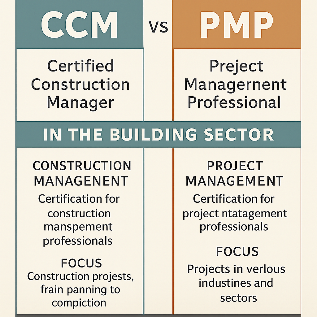 Infographic comparing CCM vs PMP credentials and their application in the building sector