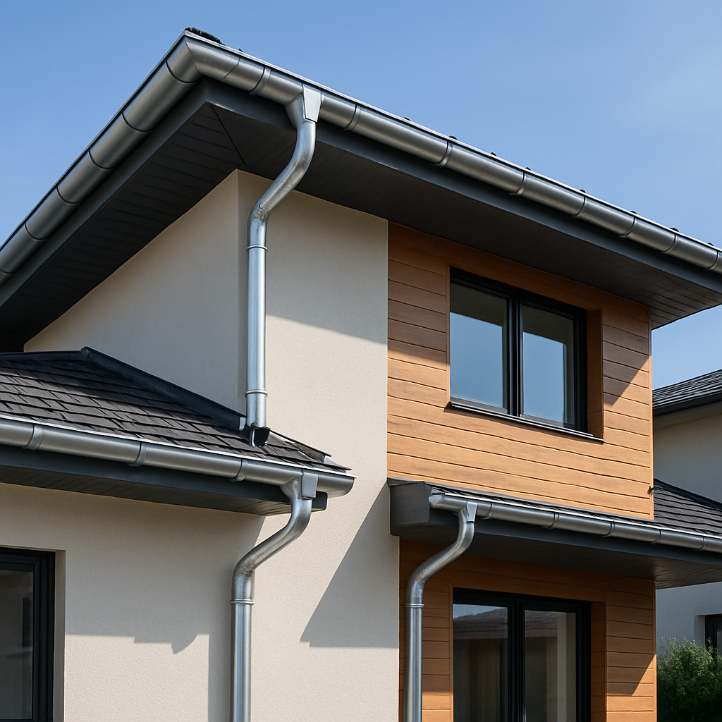 A modern home with newly installed aluminum rain gutters and downspouts