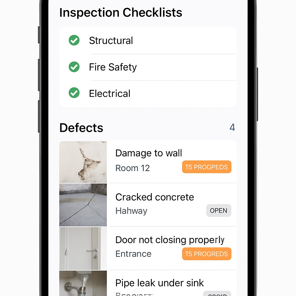 Mobile interface showing digital construction inspection checklists and defect tracking