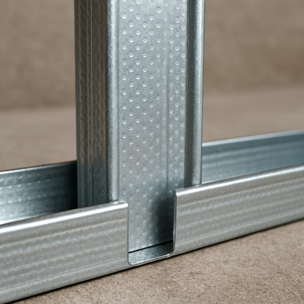 A close-up photo of a vertical metal stud sitting inside a horizontal metal track, showing how they nest together.