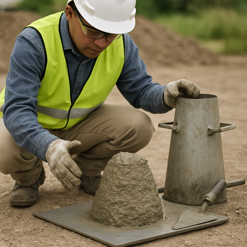 A technician performing a 'slump test' on a fresh batch of concrete to check its consistency.