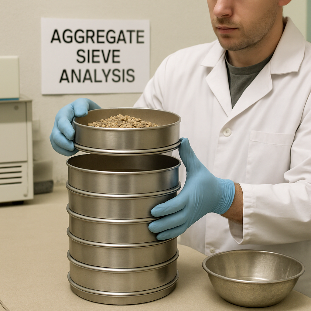 Laboratory technician running an aggregate sieve analysis with stacked metal sieves in English
