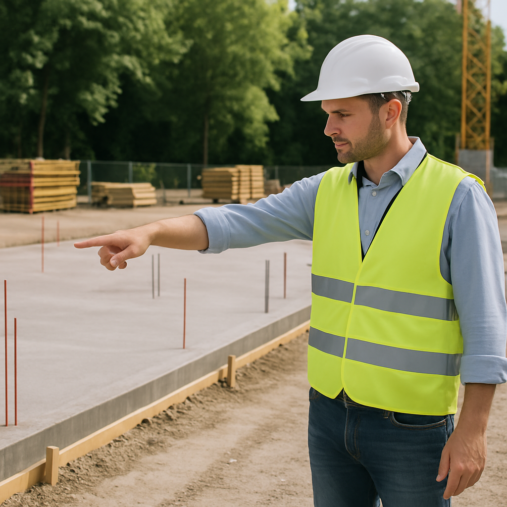 A high-quality photo of a clean, organized construction site with a foreman pointing at a level foundation, emphasizing order and precision.