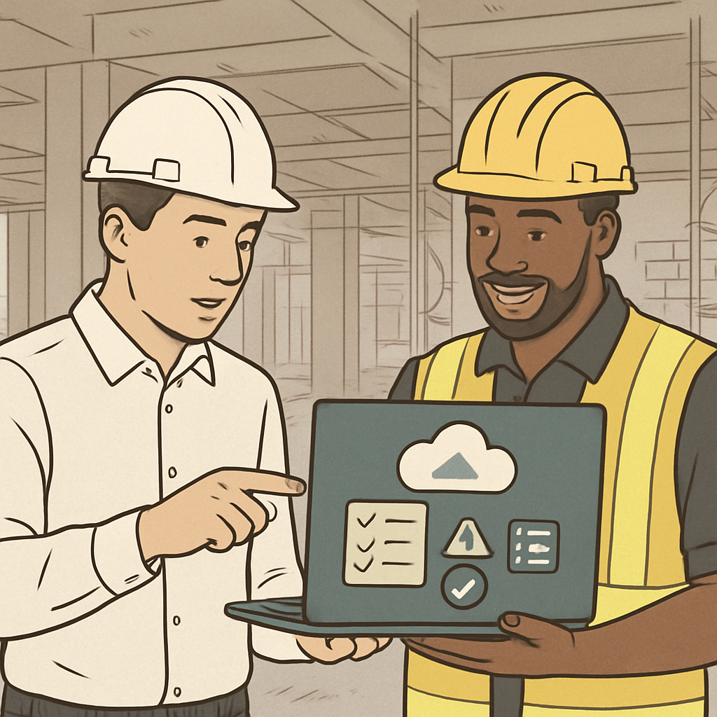 Architect and site supervisor collaborating on a cloud-based construction safety and quality platform