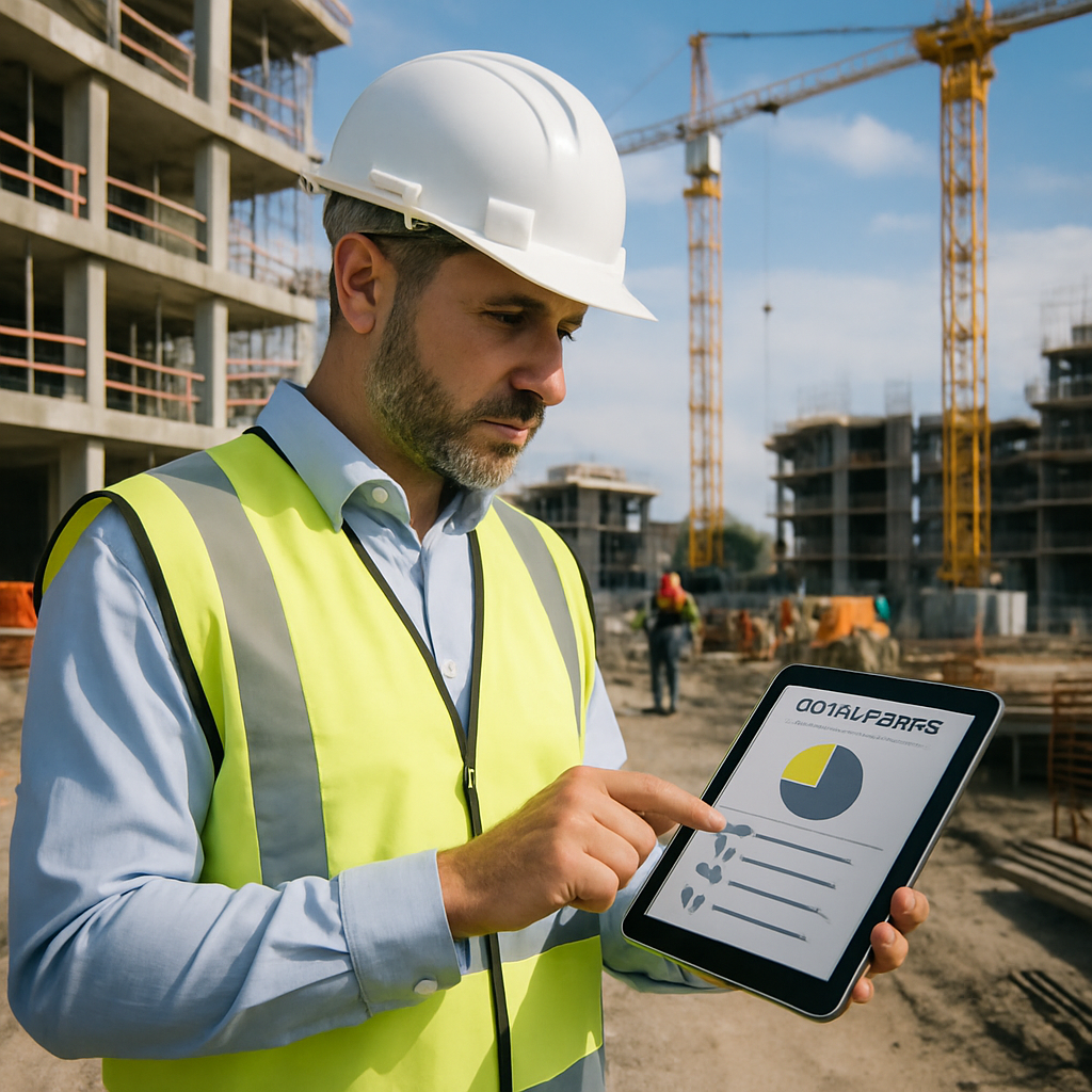 Construction manager using a tablet to review quality control software on a busy building site