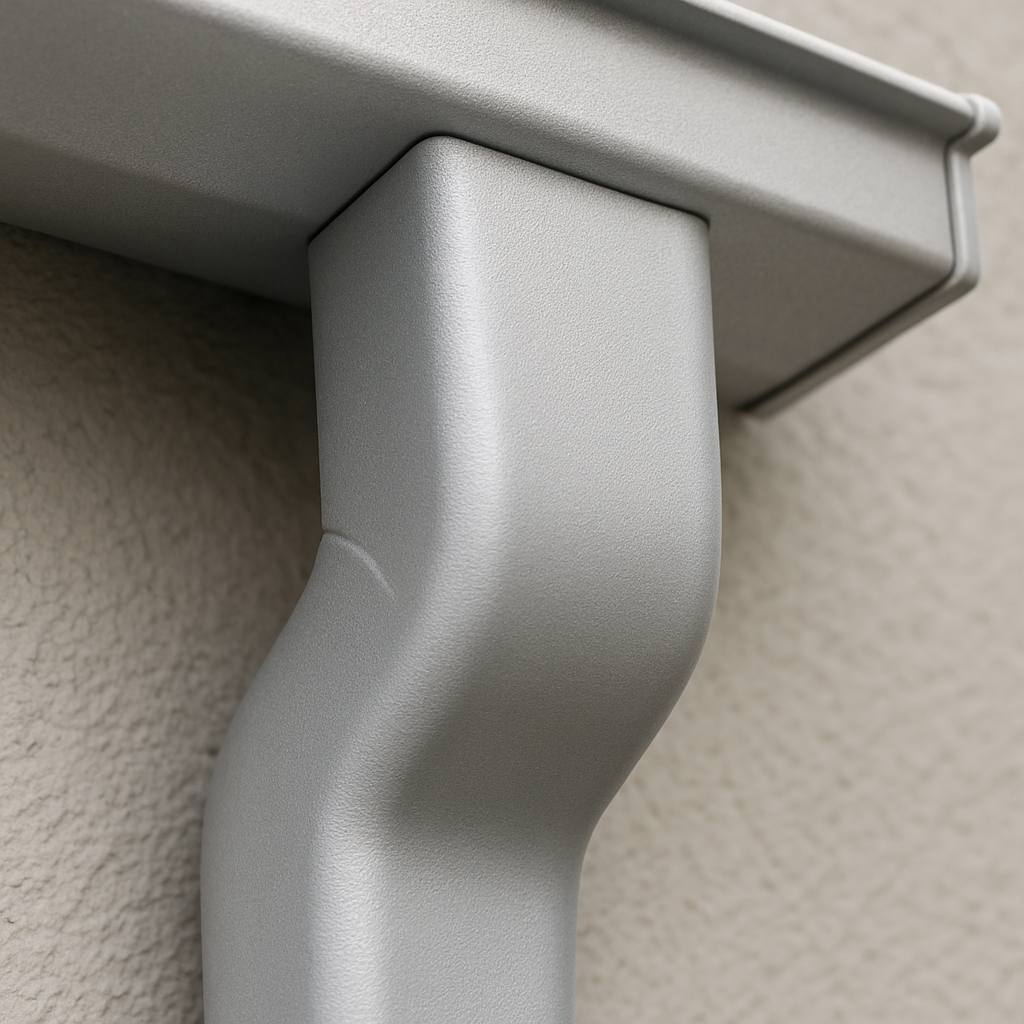 Close up of an aluminum gutter downspout with a pristine powder-coated finish
