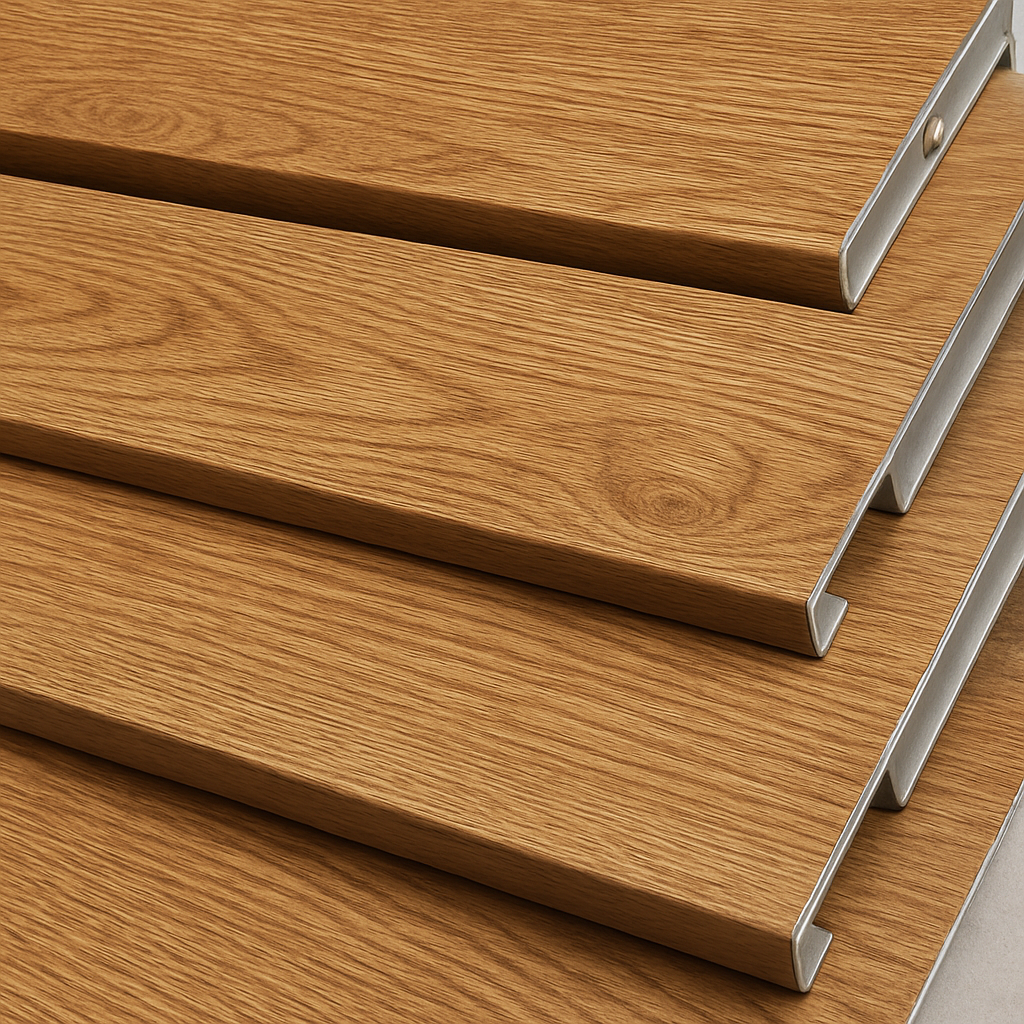 A high-resolution photo of aluminum panels with a realistic oak wood-grain finish, showing texture and depth.