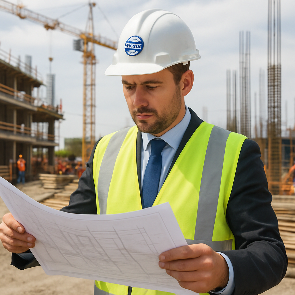 A professional certified construction manager reviewing blueprints on a bustling job site