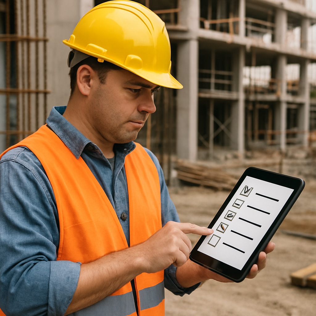 A construction worker in a hard hat using a tablet to check off items on a digital list at a job site.