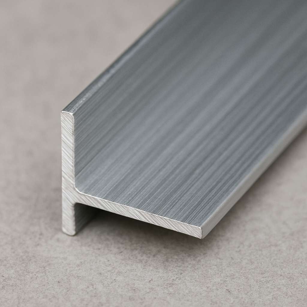 close-up of raw aluminum edge trim molding showing the precise extrusion details