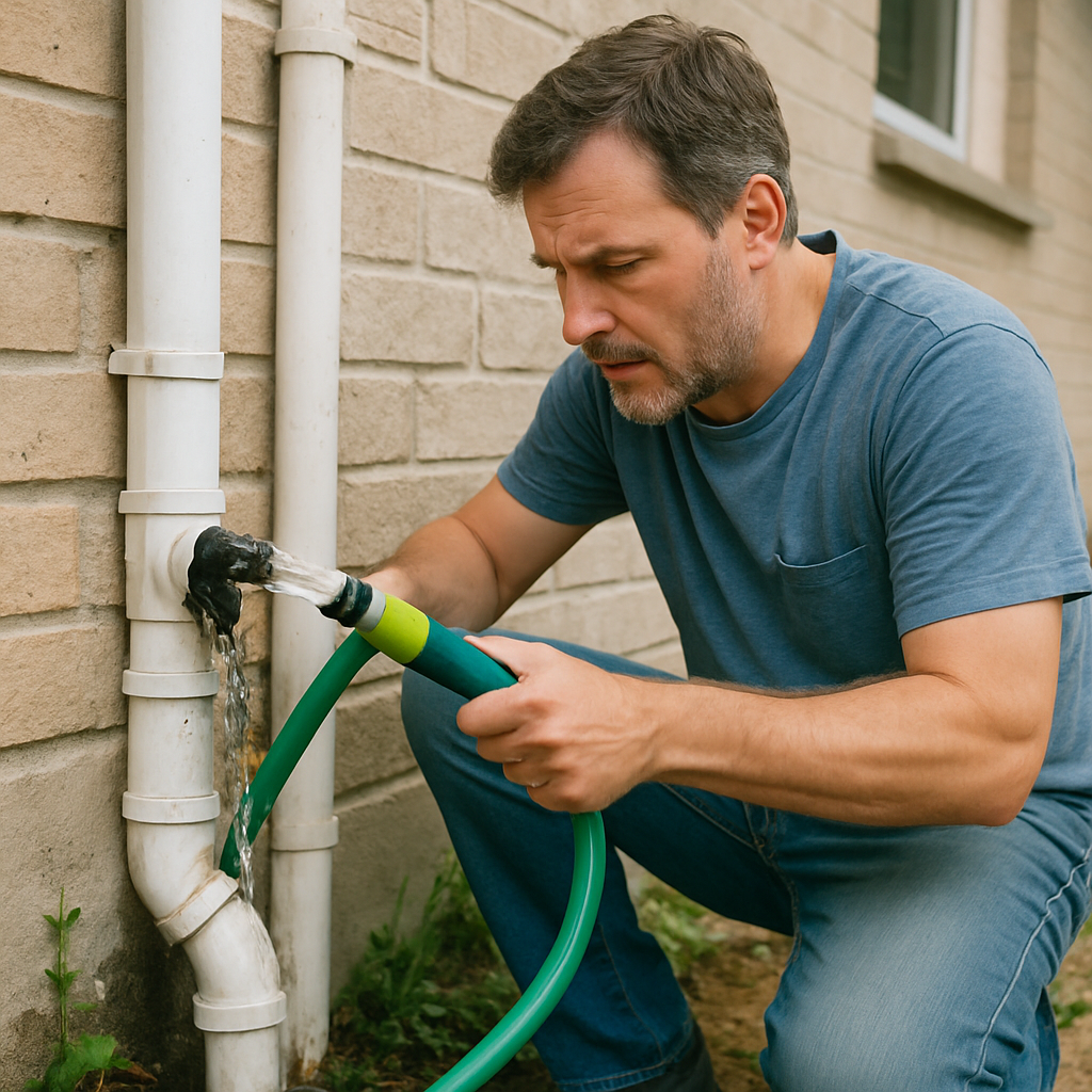 Homeowner using a garden hose to clear clogged vertical drainage pipes