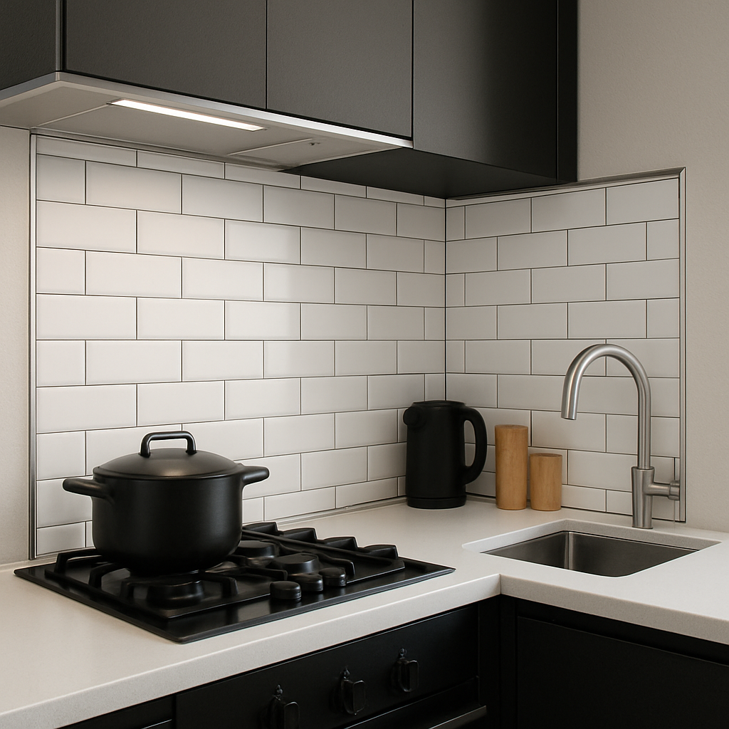 sleek modern kitchen showing aluminum edge trim outlining a subway tile backsplash