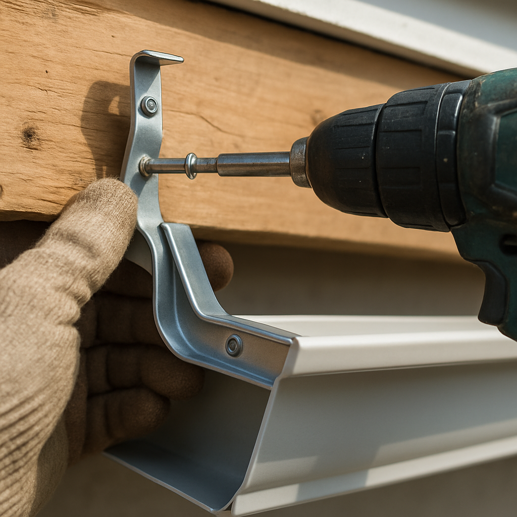 Close-up of securing hangers to fascia boards with hidden fasteners during an aluminum gutter installation