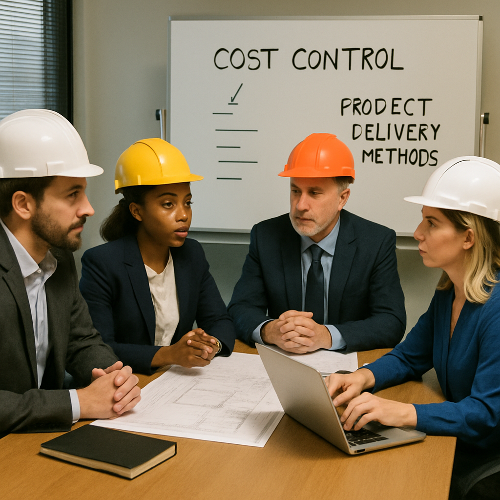 A team of construction executives discussing cost control and project delivery methods in a boardroom