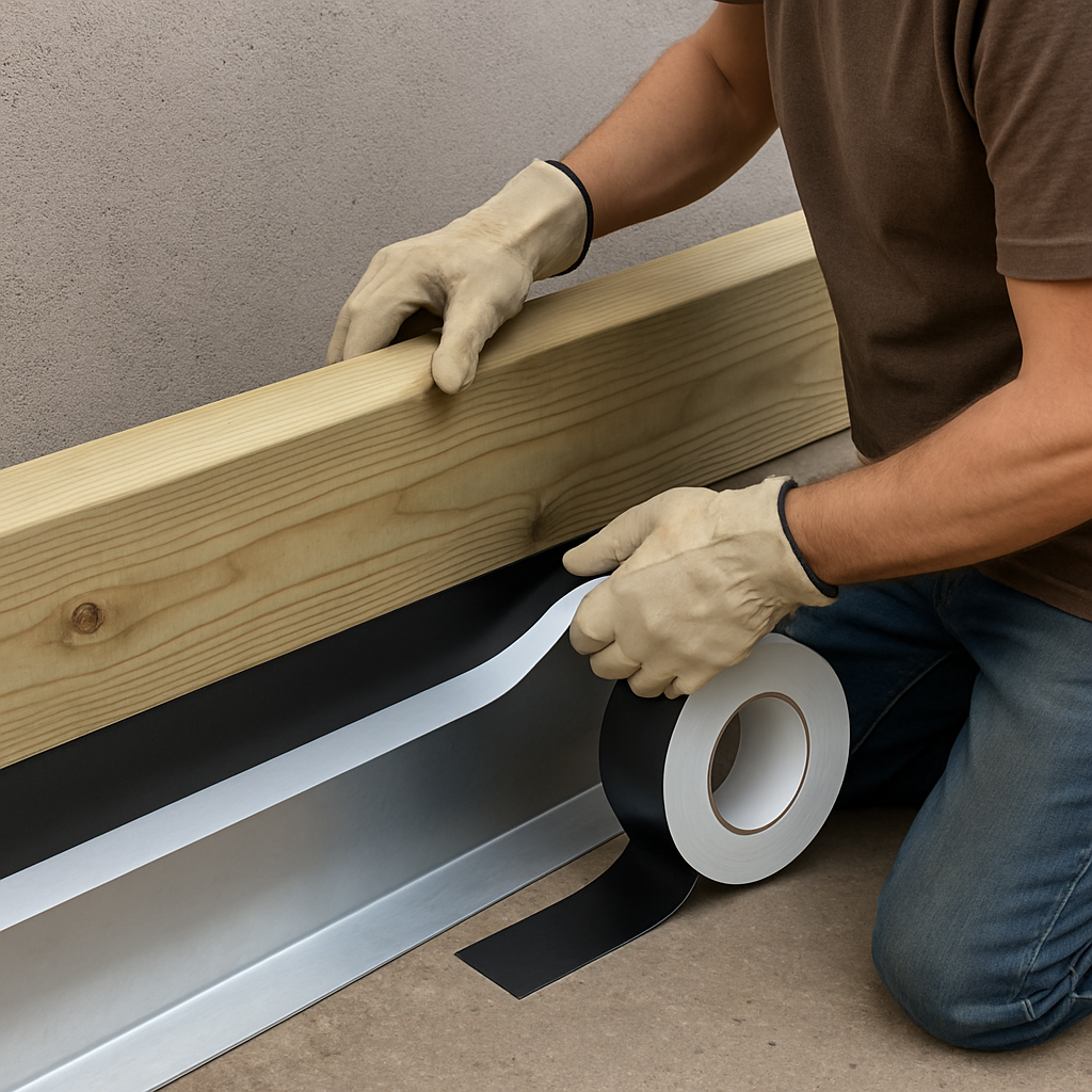 Contractor applying a barrier tape between treated lumber and aluminum flashing