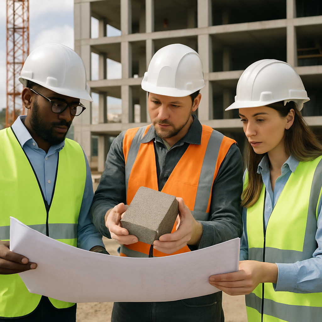 Engineers reviewing plans and testing materials on a construction site in English