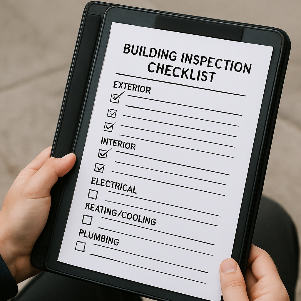 A photo of a professional-looking binder or tablet showing a structured checklist for building inspections.