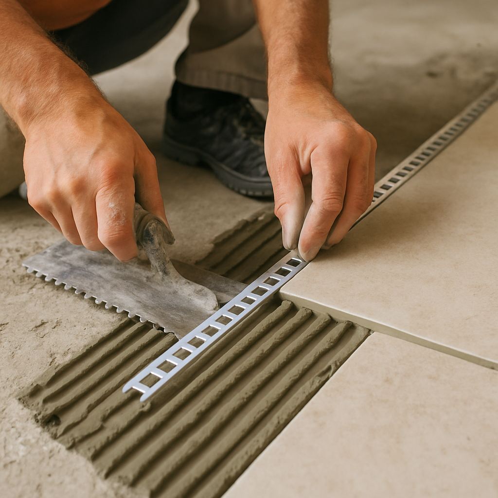 contractor embedding the perforated leg of an aluminum trim into thin-set mortar during tile installation