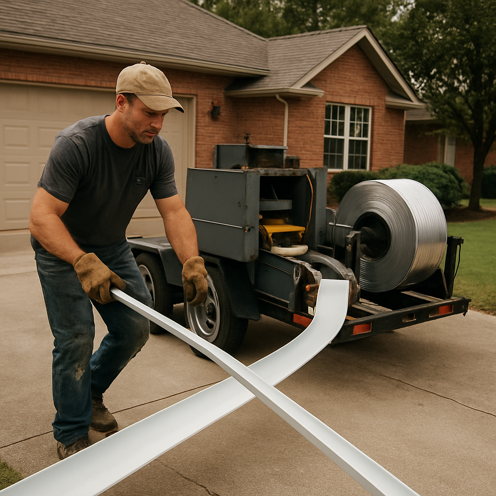 A contractor rolling out seamless metal gutters from a specialized machine on a residential driveway
