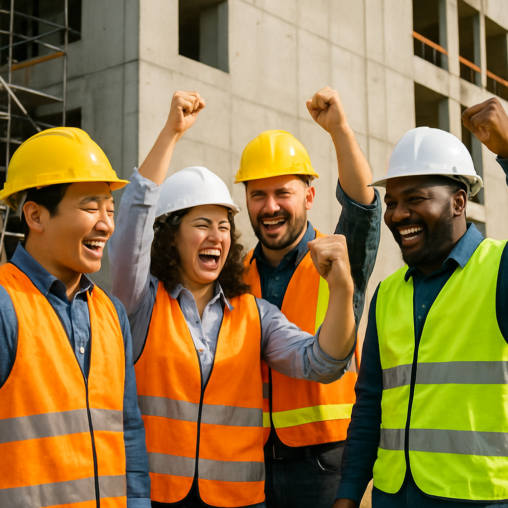Team of construction workers celebrating successful project completion due to streamlined quality workflows