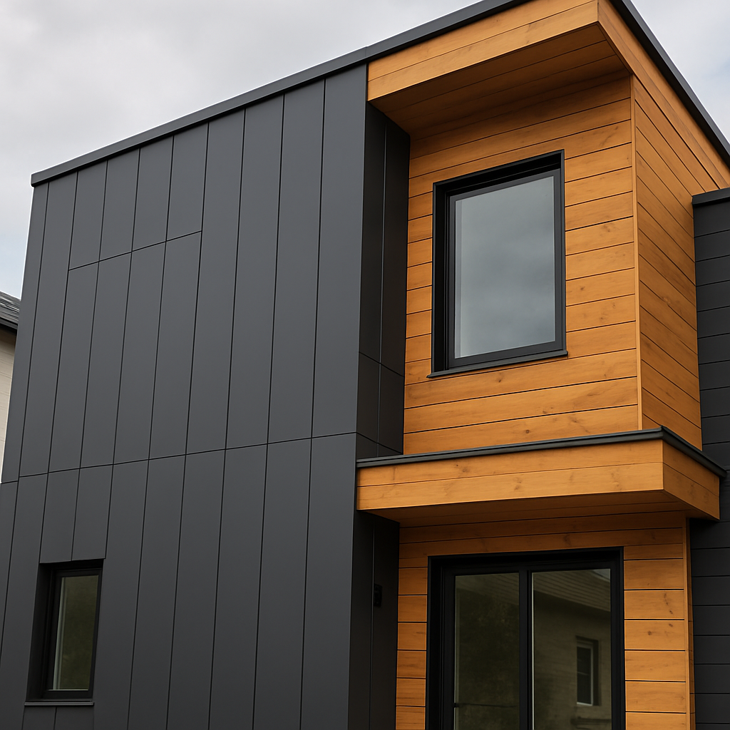 A close-up photo of a modern residential home featuring sleek charcoal aluminum paneling mixed with natural wood accents to show aesthetic versatility.