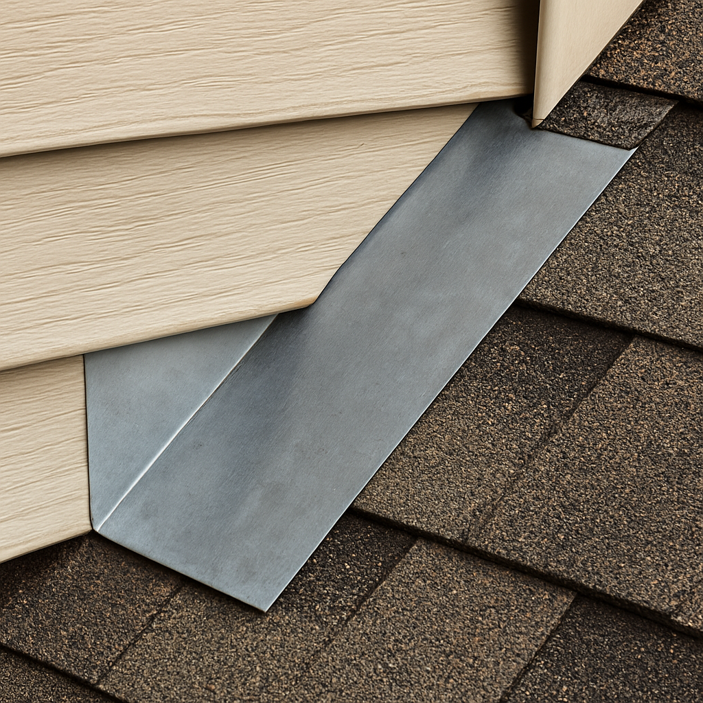 A close-up of metal flashing tucked neatly under siding where a roof meets a wall.
