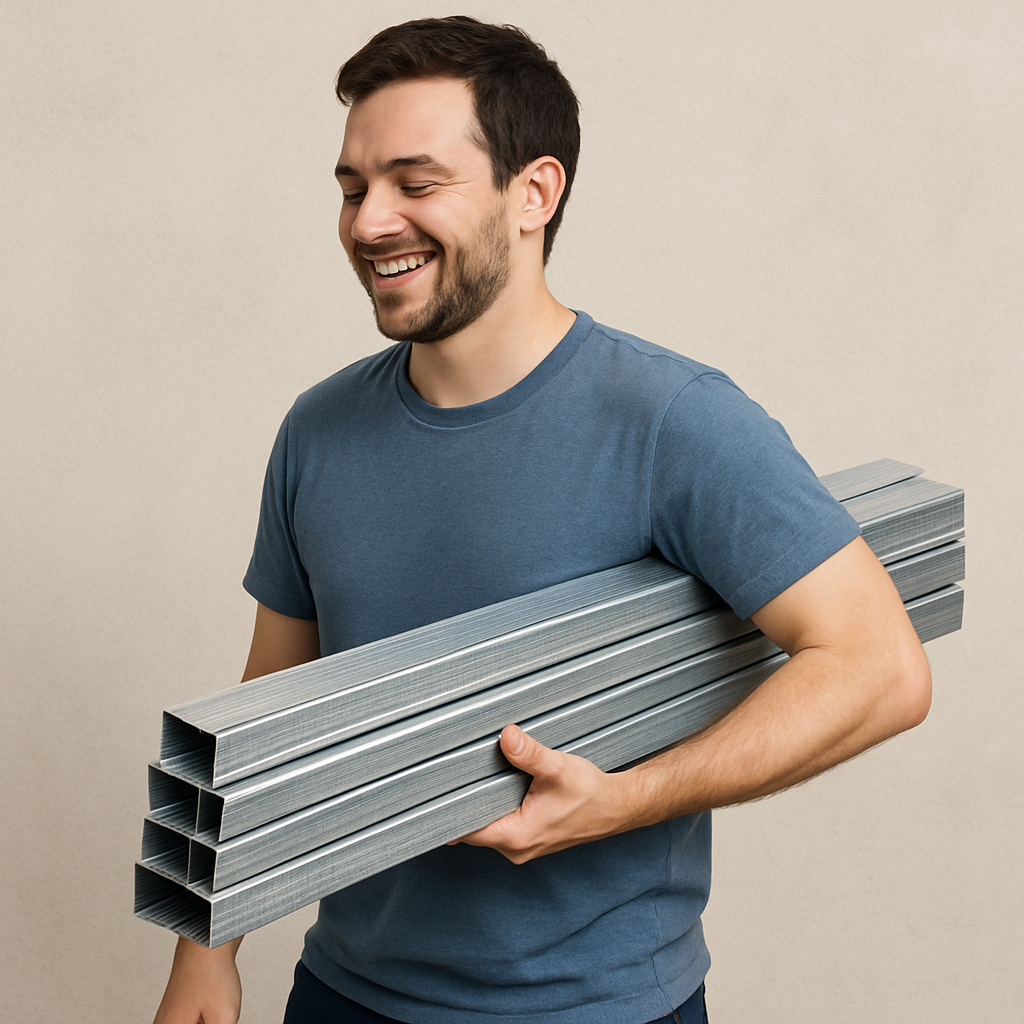 A person easily carrying a bundle of five metal studs under one arm to demonstrate lightness.