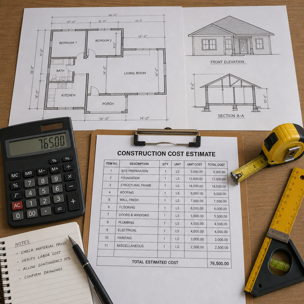 Construction cost estimate with drawings, calculator, and measuring tools