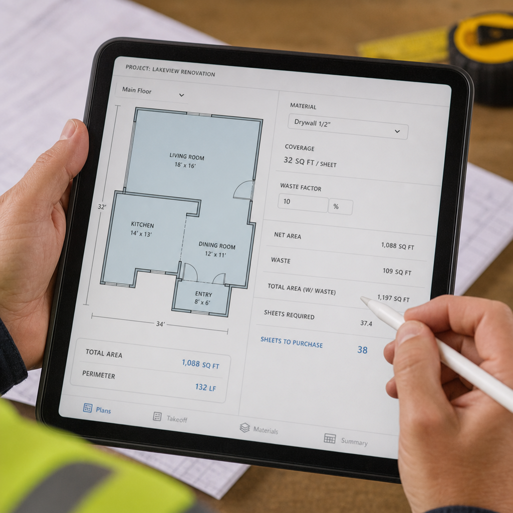 Close up of an estimator calculating square footage and material waste on a digital tablet