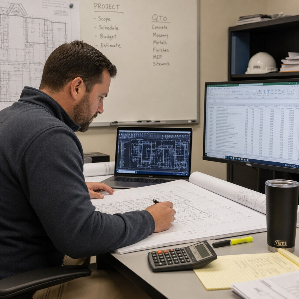 A professional construction estimator reviewing blueprints and digital plans on a desk