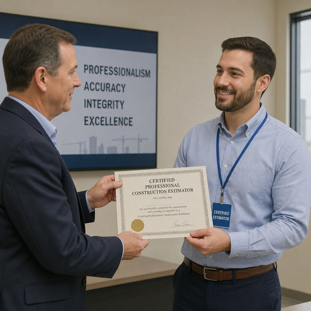 A certified professional construction estimator receiving a certification document