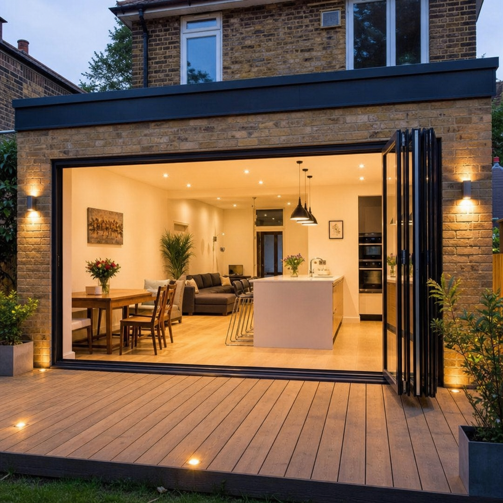 A beautifully finished modern home extension showing high return on investment with bifold doors opening to a deck