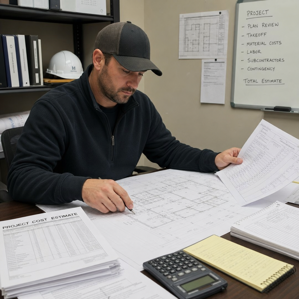 Estimator reviewing construction drawings and cost documents