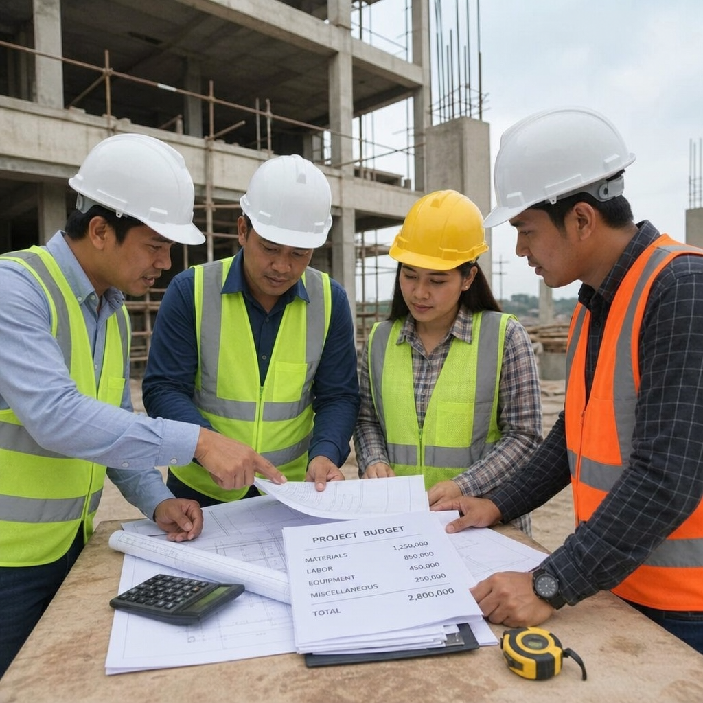 Project team discussing construction budget and estimate on site